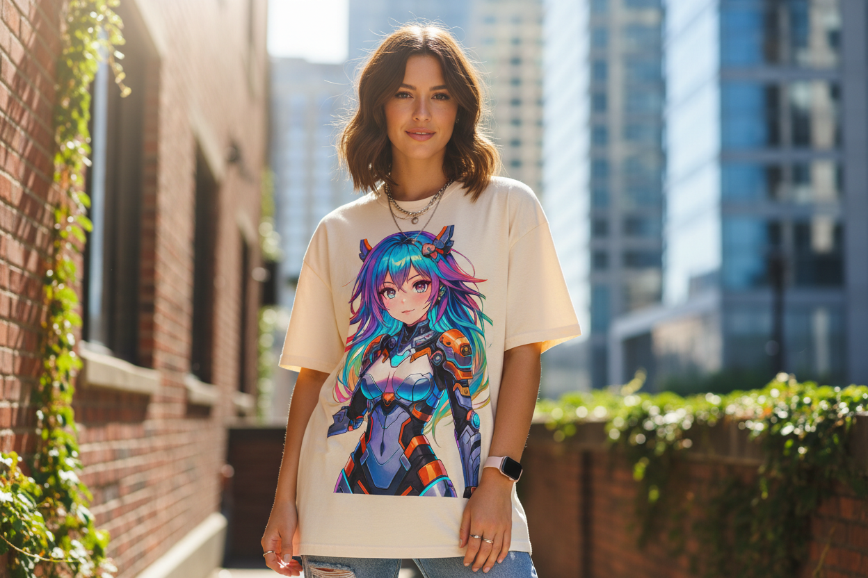 in which a girl wearing a shirt with print of anime girl